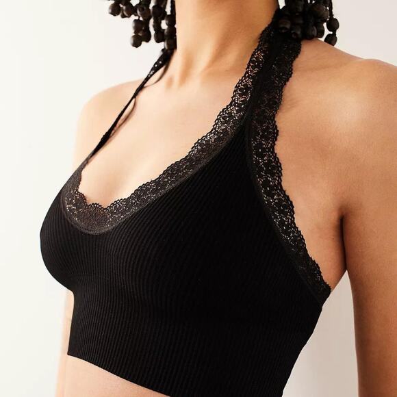 Out From Under UA M/L Harley Black Ribbed Lace Trim Halter Bra Bralette - Picture 3 of 10